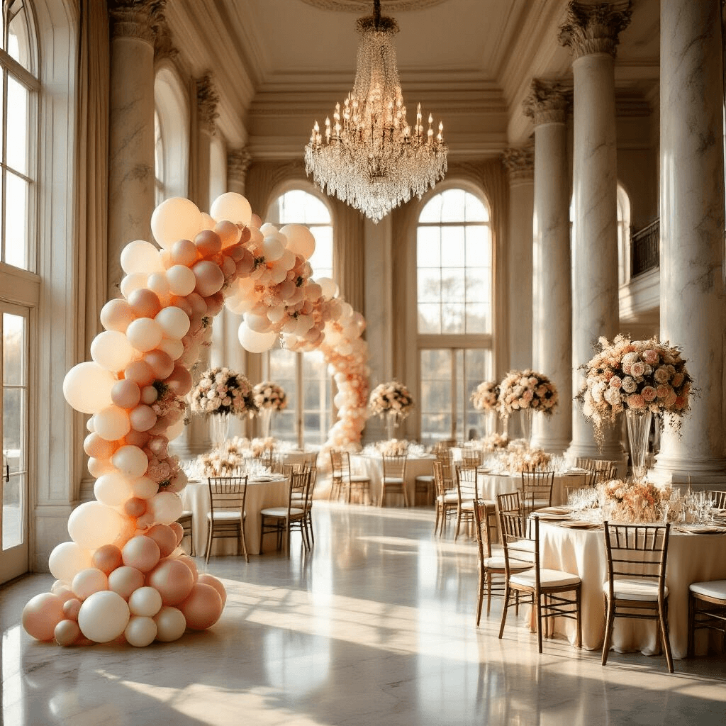 Stunning Birthday Balloon Decorations: A Complete Guide to Magical Celebrations Cinematic wide-angle shot of an elegant indoor ballroom with marble columns and crystal chandeliers, featuring a blush pink, ivory, and champagne metallic balloon garland, silk ivory table linens, and elevated centerpieces under golden hour sunlight.