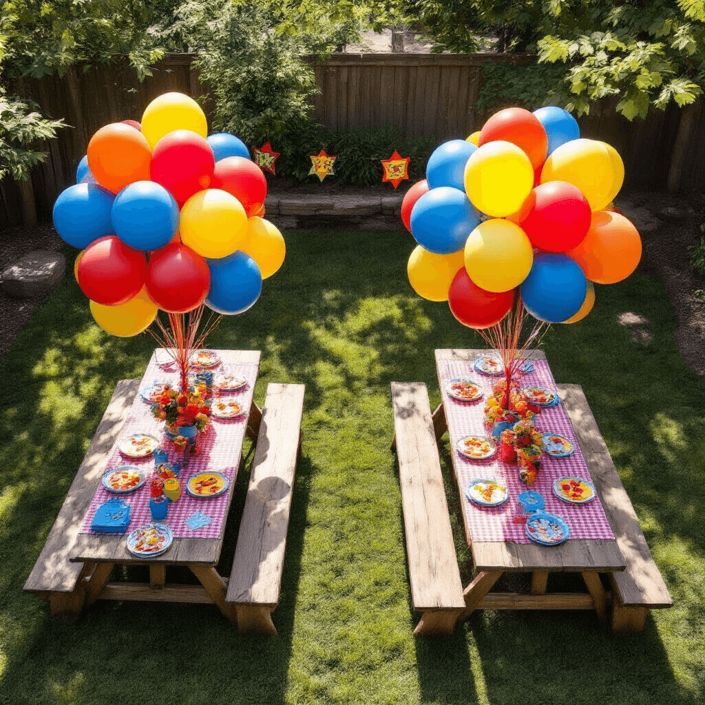 Stunning Birthday Balloon Decorations: A Complete Guide to Magical Celebrations Overhead view of a whimsical children's backyard party featuring vibrant primary-colored balloon clusters, picnic tables with gingham linens, rustic wooden surfaces with themed superhero decorations, colorful streamers, and scattered party favors amid lush green grass.