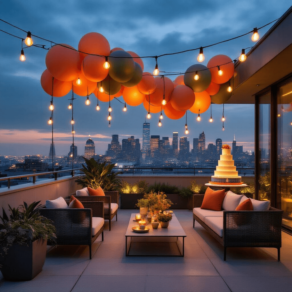 Stunning Birthday Balloon Decorations: A Complete Guide to Magical Celebrations A modern rooftop terrace at night featuring a city skyline, adorned with terracotta and sage balloon installations above sleek furniture, string lights, a tiered cake display, and geometric planters, all illuminated by warm ambient lighting.