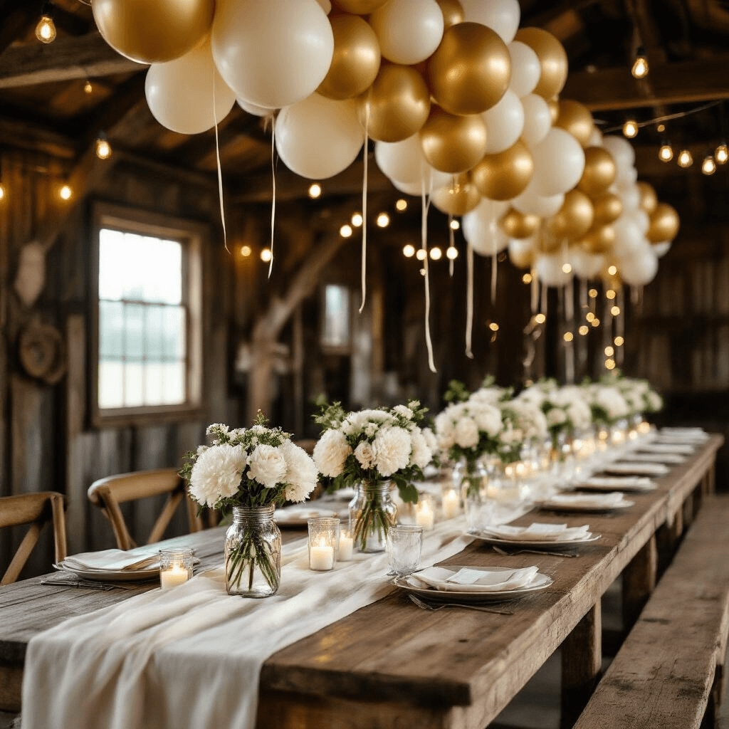 Balloon Illustrations: Your Ultimate Guide to Creative Visual Resources Cinematic close-up of a rustic barn celebration featuring long wooden tables with ivory linen runners, gold and cream balloon garlands, mason jar centerpieces with white peonies, and warm string lights illuminating weathered wood walls.