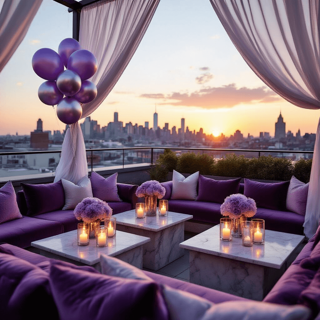 Balloon Illustrations: Your Ultimate Guide to Creative Visual Resources Intimate rooftop terrace party at sunset with velvet lounge seating, low marble tables adorned with lavender and silver balloon clusters, sheer white drapery, flickering pillar candles, and a city skyline backdrop.