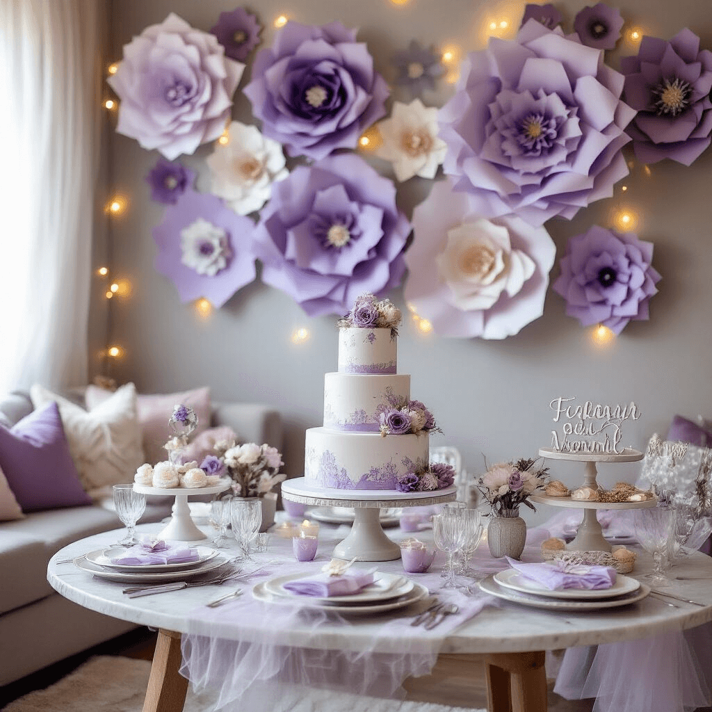 Stunning Backdrop Ideas: Creative Alternatives to Balloons for Every Occasion A cozy living room baby shower scene featuring oversized paper flowers and geometric shapes in lavender and silver, with tiered cakes on marble stands, personalized signage, and elegant place settings, all illuminated by fairy string lights and adorned with sheer drapery.