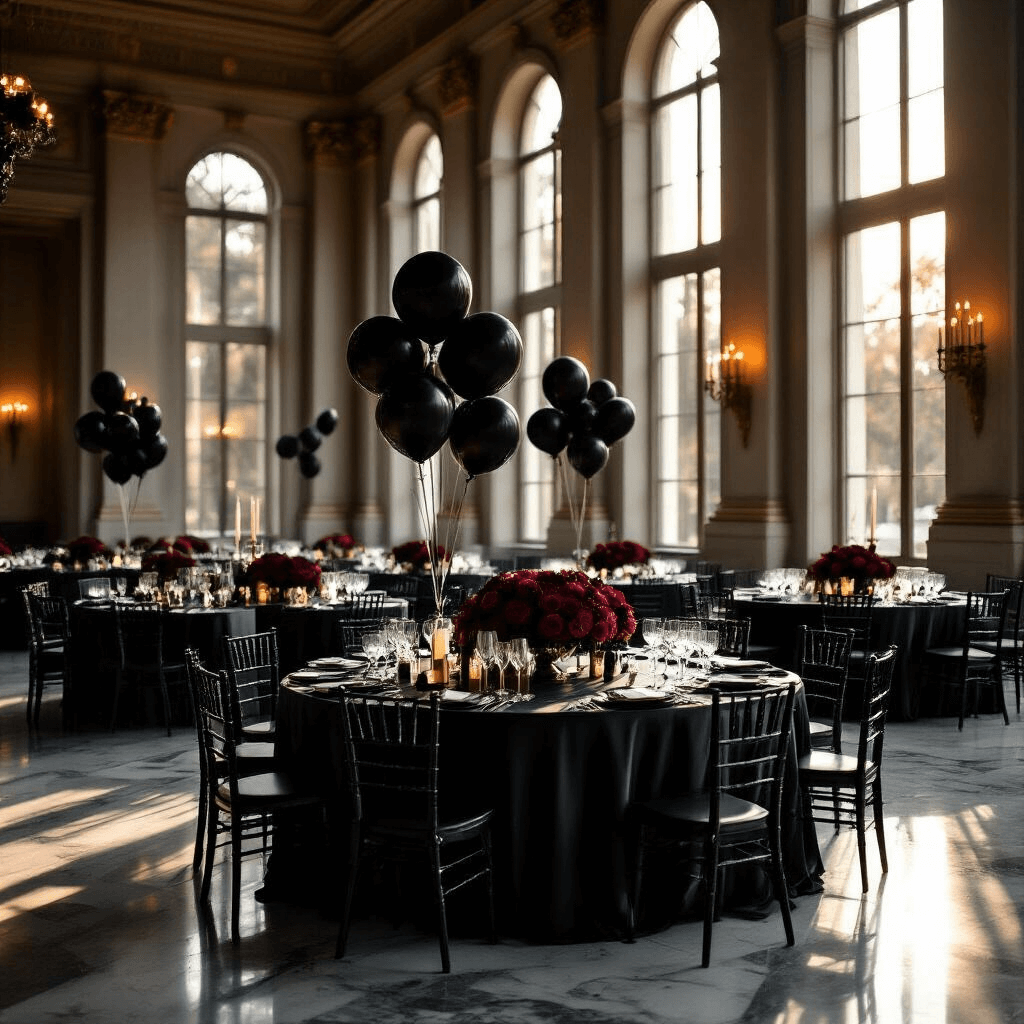 House of Balloons Wallpapers: Ultimate Free Download Guide for Fans Cinematic wide-angle shot of an elegant ballroom at golden hour, featuring round tables with black silk linens and silver accents, dramatic shadows on marble floors, deep burgundy roses and black balloons as centerpieces, and warm candlelight creating an intimate atmosphere.