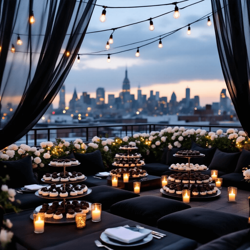 House of Balloons Wallpapers: Ultimate Free Download Guide for Fans Intimate rooftop terrace at dusk with low tables, velvet black cushions, and dark chocolate desserts, illuminated by string lights against an urban skyline, featuring sheer black drapery, metallic silver place settings, and fresh white flowers.