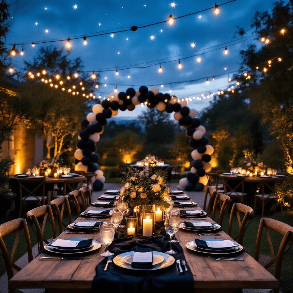 House of Balloons Wallpapers: Ultimate Free Download Guide for Fans A stylish backyard celebration features rustic wooden tables adorned with elegant black silk table runners and silver charger plates, surrounded by ambient lighting from lanterns and candles under a fairy-lit night sky, with balloon arches in gradient blacks framing the setup.