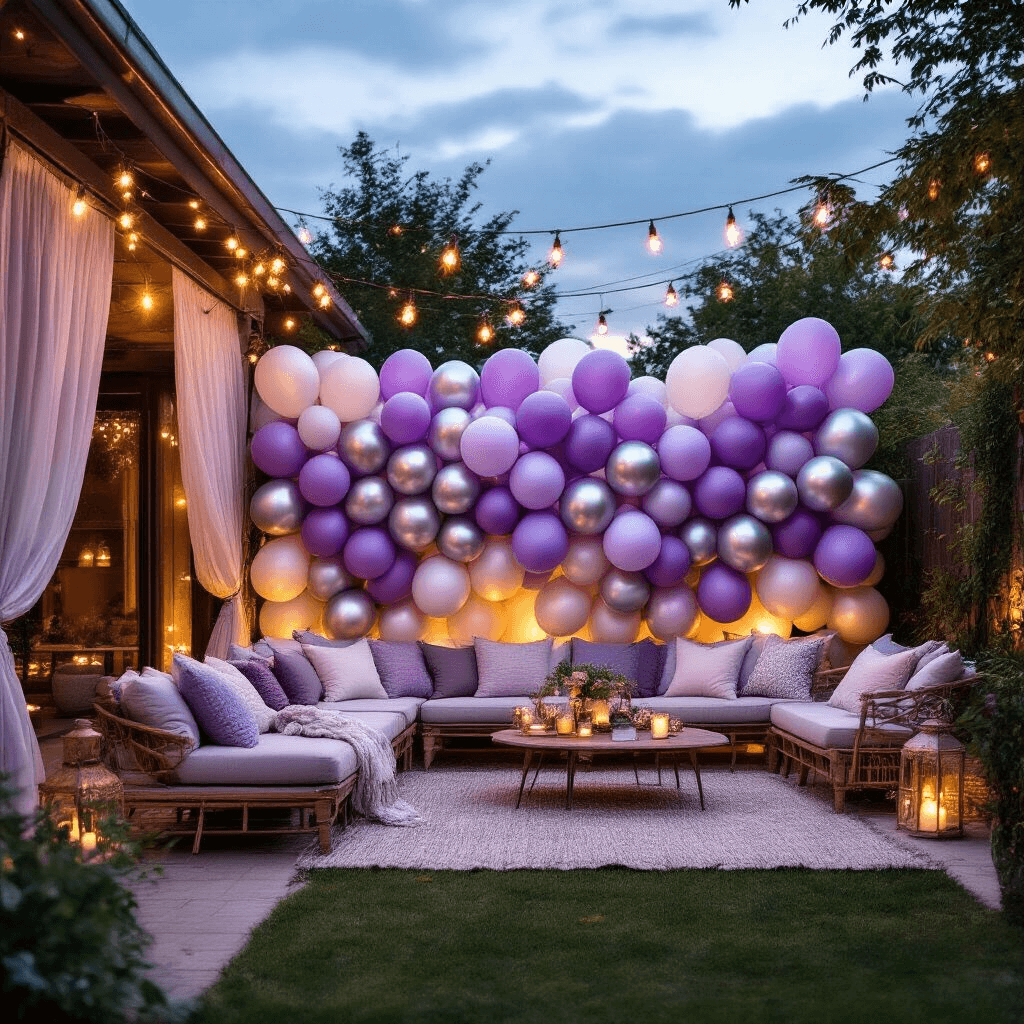 15 Balloons: The Ultimate Guide for Unforgettable Celebrations A wide view of a stylish backyard celebration featuring a balloon wall backdrop of biodegradable lavender and silver balloons, cozy lounge seating with plush cushions, sheer drapery, and layered textiles, illuminated by twinkling fairy lights as dusk falls.