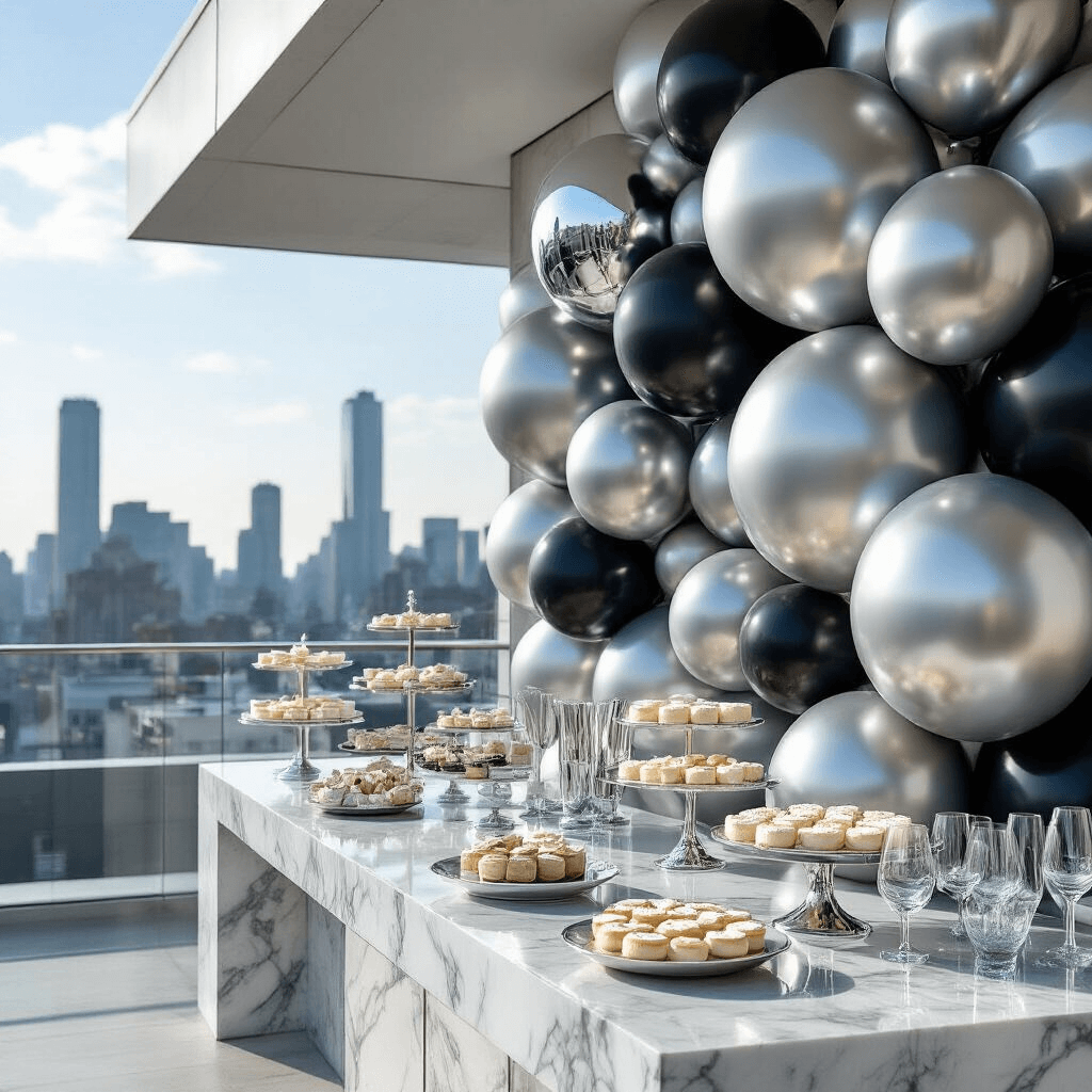 Elevate Your 40th Birthday Celebration with Stunning Balloon Decor Close-up of a luxury balloon installation featuring chrome and monochrome balloons on a modern rooftop terrace, with marble countertops and contemporary glassware reflecting sunlight against an urban skyline.