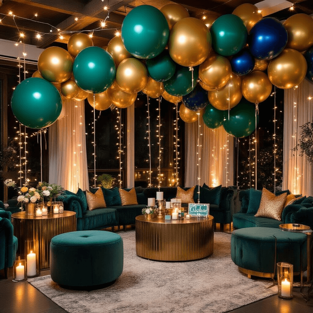 Elevate Your 40th Birthday Celebration with Stunning Balloon Decor A cozy living room adorned with bold jewel-tone balloon displays in emerald, sapphire, and gold, illuminated by fairy lights. Round tables set for an intimate gathering feature custom signage and gift displays, surrounded by plush seating areas with velvet cushions and ambient candle lighting, creating a festive atmosphere for a celebration.