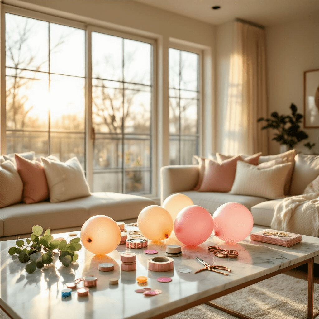 How to Stick Balloons to a Wall: The Ultimate Guide for Party Decorators A modern apartment living room decoratively prepared for a party, featuring a marble coffee table adorned with blush pink and cream latex balloons, balloon glue dots, double-sided tape, and party supplies, all bathed in golden hour sunlight with soft shadows and a clean minimal aesthetic.
