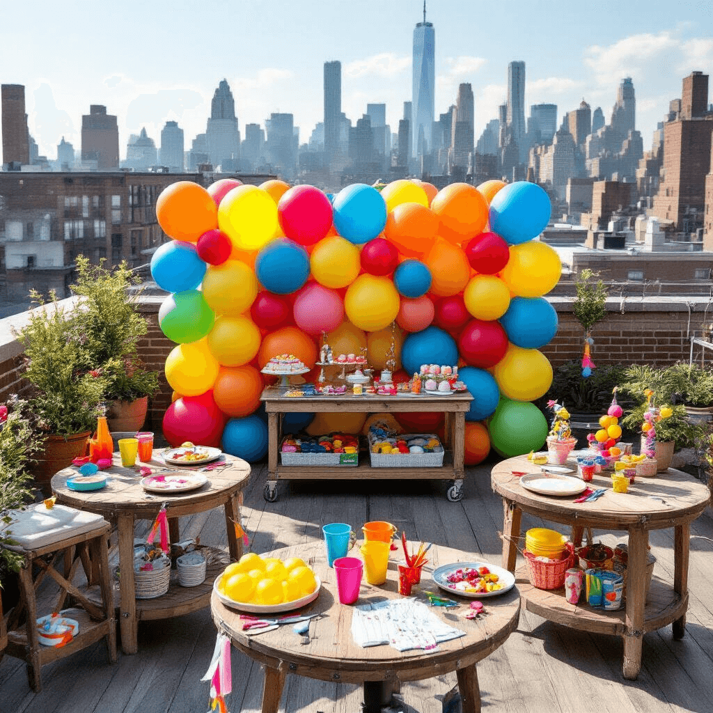 How to Stick Balloons to a Wall: The Ultimate Guide for Party Decorators A vibrant rooftop terrace set for a children's midday celebration, featuring a balloon wall setup with bold primary colors, playful clusters secured with glue dots, and organized backup supplies on a rustic cart. Round tables display ceramic plates and colorful plastic cups, while streamers and balloons sway in the fresh breeze against a city skyline backdrop, all illuminated by bright natural sunlight.
