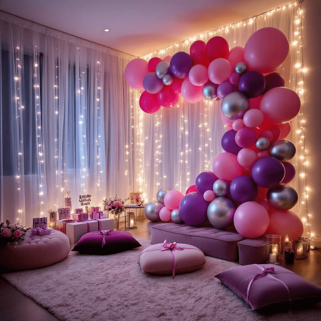 Epic Birthday Balloon Decoration Ideas That Will Blow Your Mind Detail of a modern apartment balloon wall in pink, purple, and silver, with a sheer drapery backdrop adorned with fairy lights, velvet cushions, personalized signage, and gift tables, creating an intimate environment for selfies.