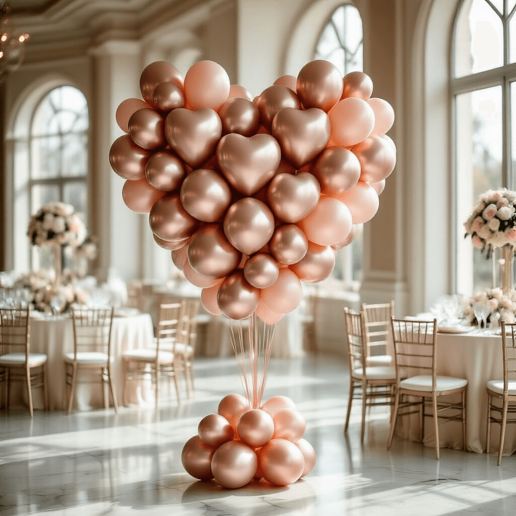 Heartfelt Valentine's Day Balloon Ideas That Will Make Your Love Soar Elegant indoor ballroom scene featuring a heart-shaped balloon bouquet centerpiece in rose gold and blush pink, with soft afternoon light filtering through tall windows, polished marble floors, ivory silk table linens, crystal glassware, and white roses, creating a luxurious and intimate atmosphere.