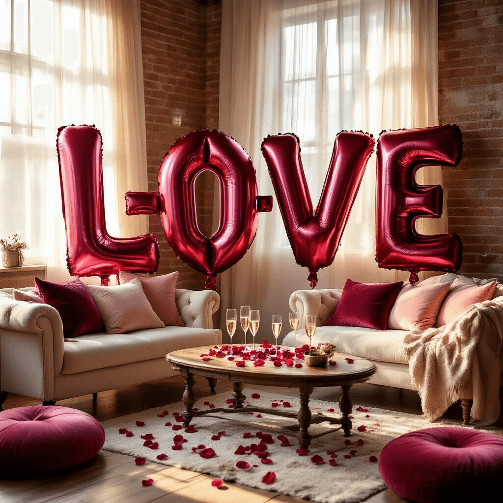 Heartfelt Valentine's Day Balloon Ideas That Will Make Your Love Soar Cozy living room transformed into a romantic sanctuary with giant crimson and pink L-O-V-E letter balloons, warm golden hour sunlight, plush velvet cushions, and a vintage coffee table adorned with champagne flutes and rose petals against exposed brick walls.
