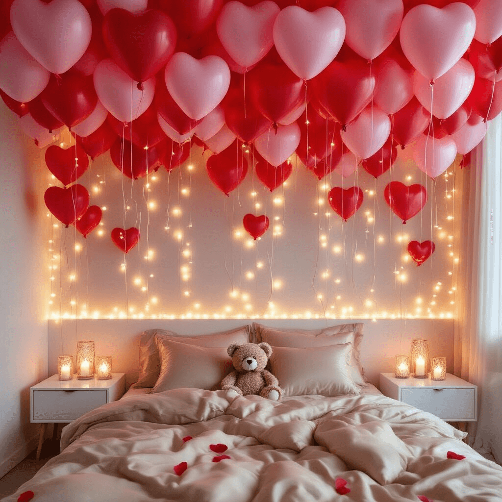 Heartfelt Valentine's Day Balloon Ideas That Will Make Your Love Soar A modern bedroom filled with a sea of red and pink heart balloons, softly lit by candlelight and twinkling fairy lights, featuring champagne-colored silk bed linens, crystal votive holders casting shadows, and an adorable teddy bear nestled among the balloons.