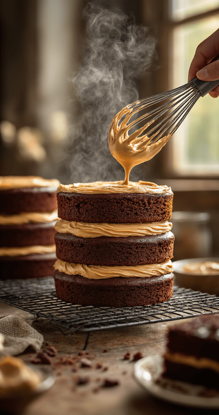 Vegan Peanut Butter Chocolate Birthday Cake: The Ultimate Plant-Based Celebration Dessert Dramatic close-up of golden-brown vegan chocolate cake layers cooling on wire racks with ethereal steam, rich peanut butter frosting being whipped in the background, illuminated by soft natural light, showcasing textured cake crumb and warm kitchen ambiance.