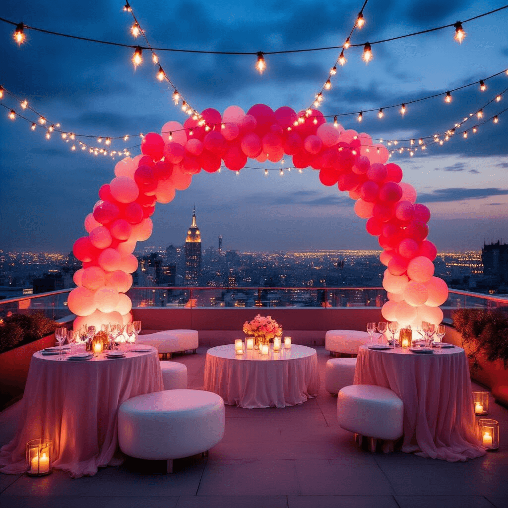 Heartfelt Valentine's Day Balloon Ideas That Will Make Your Love Soar Luxurious rooftop terrace evening celebration with an ombre pink to red balloon arch, twinkling city lights, fairy light canopy, flowing chiffon-draped cocktail tables with balloon centerpieces, crystal stemware reflecting candle light, and sleek white leather furniture, creating a romantic urban setting.