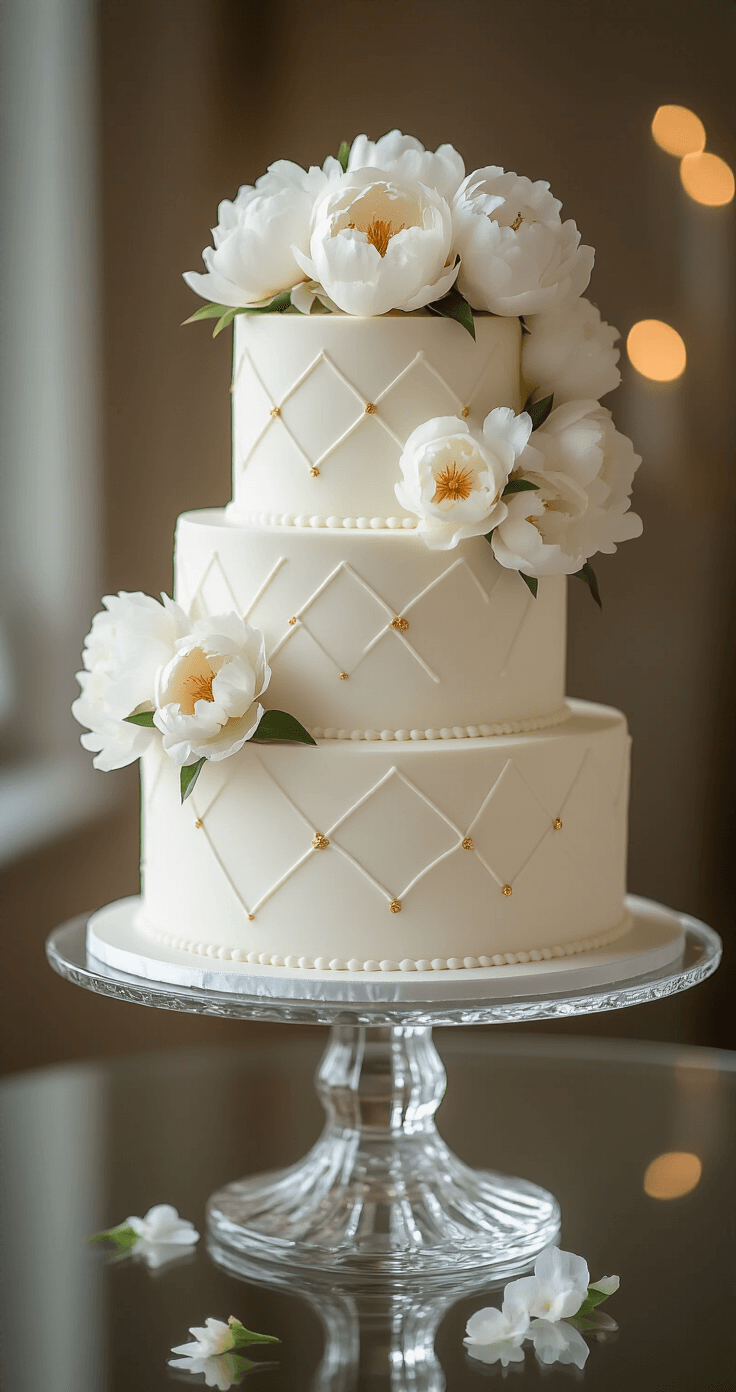 Minimalist Wedding Cake: The Ultimate Guide to Elegant, Simple Celebration Dessert Ethereal three-tier wedding cake on a glass pedestal with white buttercream, geometric piping, fresh peonies, and edible gold leaf, set against a blurred bokeh background.