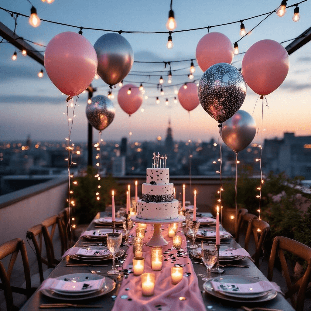 Black and Silver Balloons: The Ultimate Guide to Sophisticated Event Styling Overhead flat lay of a cozy rooftop terrace birthday celebration at twilight, featuring fairy lights, black and silver confetti-filled balloons, tiered marble cakes, blush pink and silver decor, silk table runners, ceramic dinnerware, metallic balloon clusters, and candle groupings against a dusky sky.