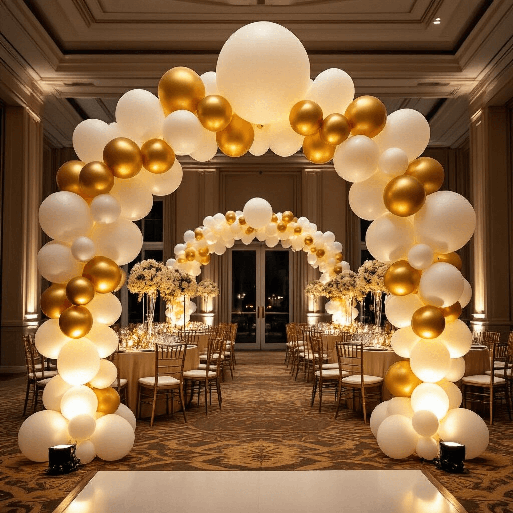Black and Silver Balloons: The Ultimate Guide to Sophisticated Event Styling Wide-angle view of an elegant hotel ballroom during an evening cocktail hour, featuring gold and ivory decor, stylish silk linens, and crystal stemware. Massive statement balloons anchor balloon arches at the entrance, while ambient uplighting enhances the moody atmosphere and highlights professional balloon clusters suspended from the ceiling, showcasing sophisticated corporate branding.