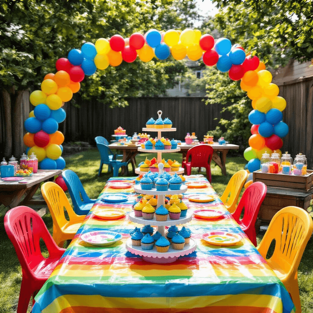 Balloons Photography: Capturing Magical Moments from Sky to Splash A whimsical backyard water balloon party for children featuring picnic tables with waterproof rainbow tablecloths, colorful chairs, a dessert cart with water balloon cupcakes, vibrant balloon arches, splash zones with rubber mats, and custom party favors in clear mason jars on a rustic wood gift table.