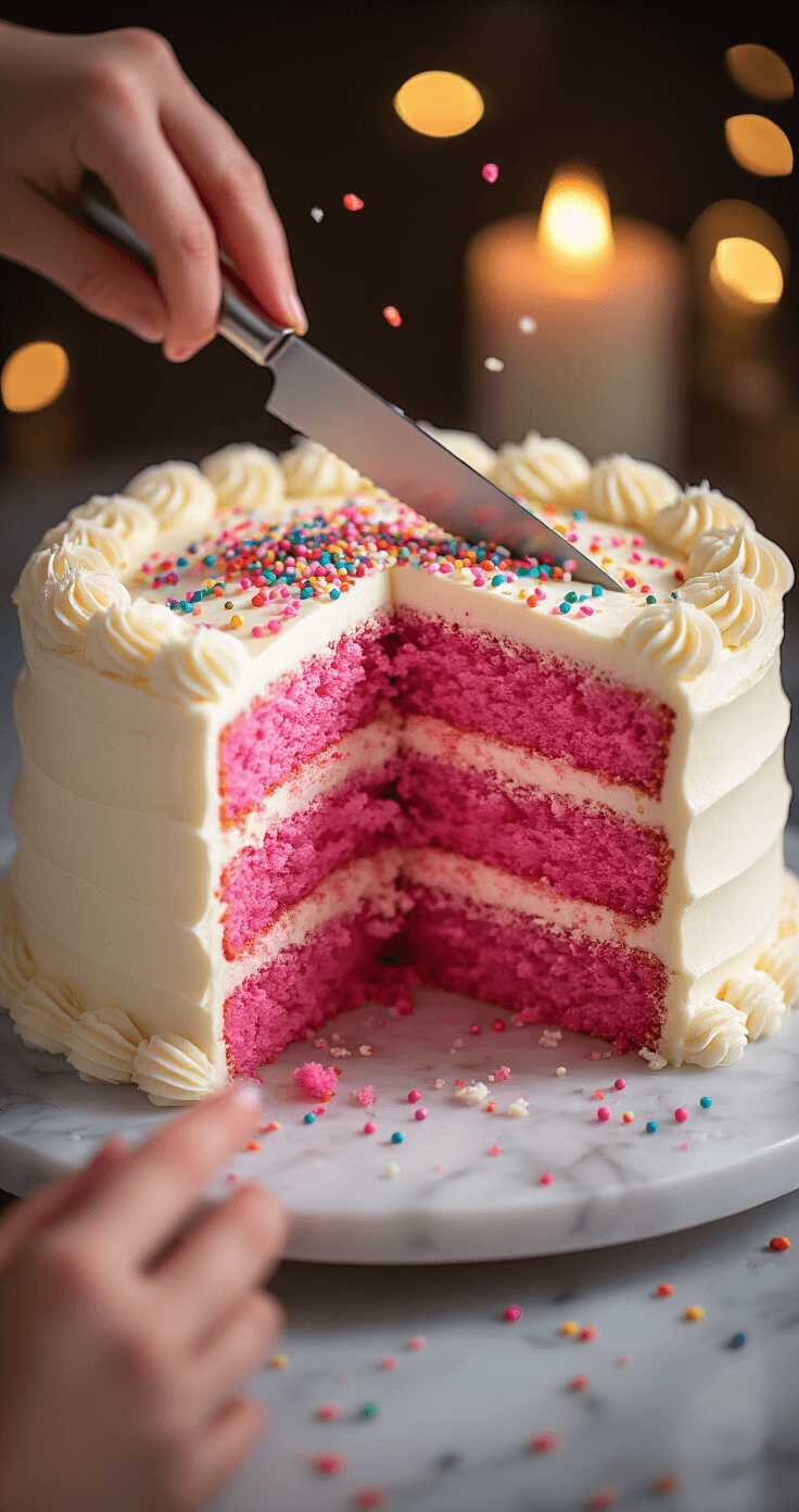 Gender Reveal Cake: The Ultimate Surprise Celebration Dessert A close-up of a beautifully frosted white cake being sliced, revealing vibrant pink layers inside, adorned with colorful sprinkles, set on a marble plate with soft candlelight reflecting, capturing a magical moment of anticipation.