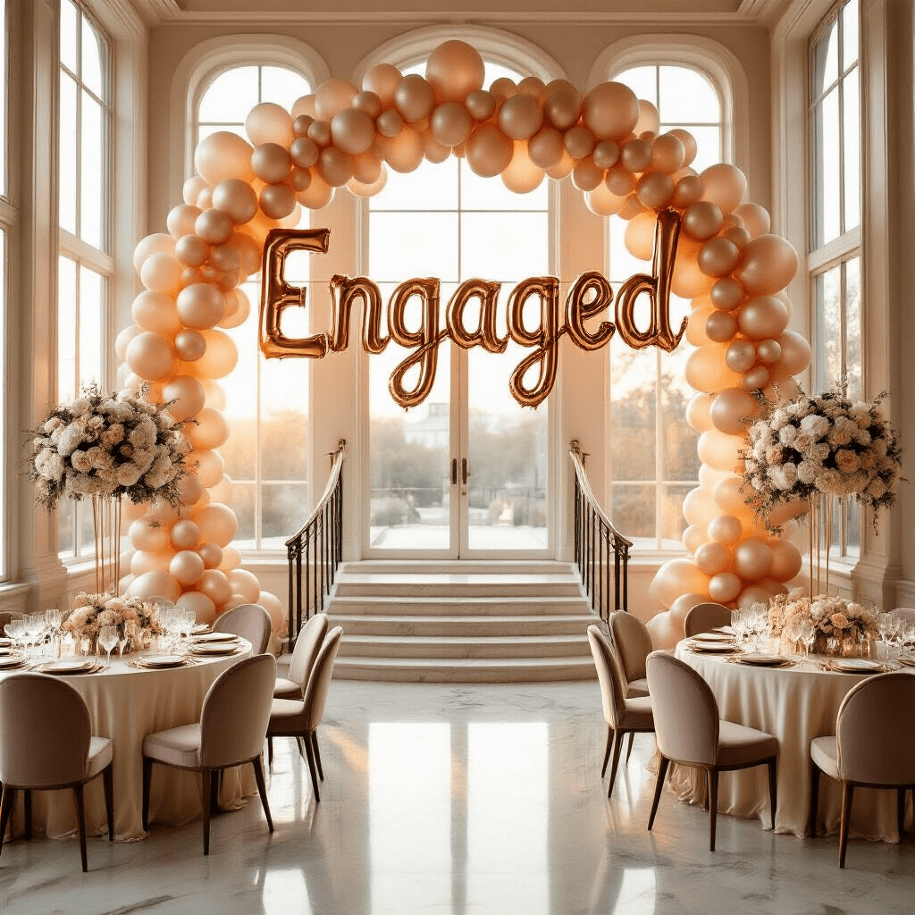 Engagement Party Balloons: The Ultimate Guide to Celebrating Your Love Story Elegant indoor engagement party in a ballroom with golden hour light, featuring a rose gold and blush balloon arch, cream silk-tabled round tables with gold-rimmed glassware and ivory florals, massive 'ENGAGED' foil balloons, marble floors, and intimate velvet seating.