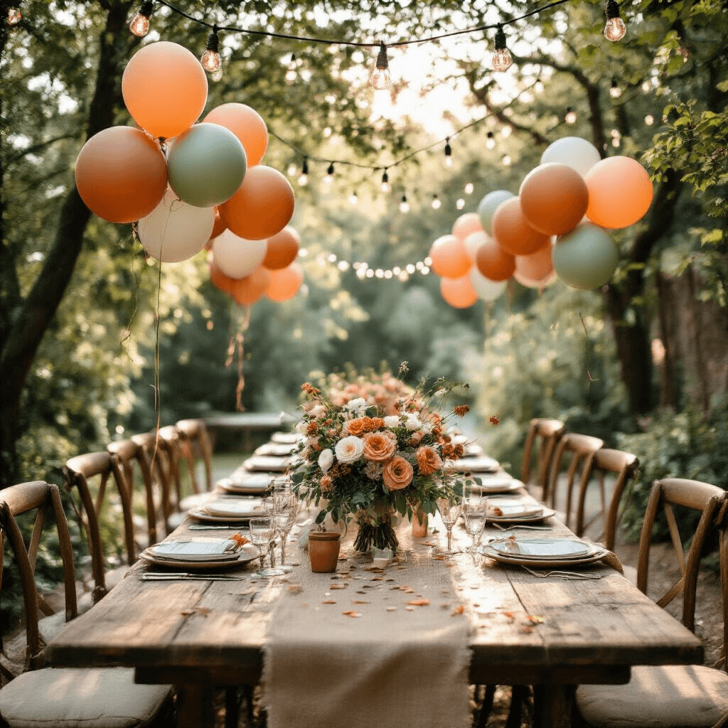 Engagement Party Balloons: The Ultimate Guide to Celebrating Your Love Story Intimate garden engagement celebration featuring rustic wooden tables adorned with sage and terracotta balloon bouquets, mixed metallic confetti-filled balloons, fresh florals, and burlap runners, all under soft morning light with fairy lights overhead and cozy seating.
