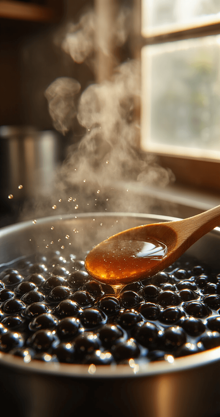 Bubble Tea-Inspired Birthday Cake: The Ultimate Celebration Dessert Close-up of glossy black tapioca pearls bubbling in a steel pot, with steam rising in warm kitchen light; a wooden spoon coated in amber brown sugar syrup glistens, while soft natural light highlights the pearls' spherical texture.