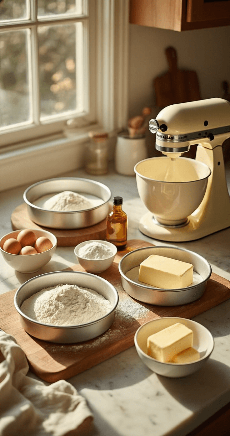 Classic Vanilla Birthday Cake: The Ultimate Celebration Centerpiece Cinematic overhead shot of a pristine kitchen counter with baking essentials, including gleaming cake pans, a vintage stand mixer, measuring cups of flour, glistening butter blocks, fresh eggs in ceramic bowls, and a vanilla extract bottle, all bathed in warm morning light.