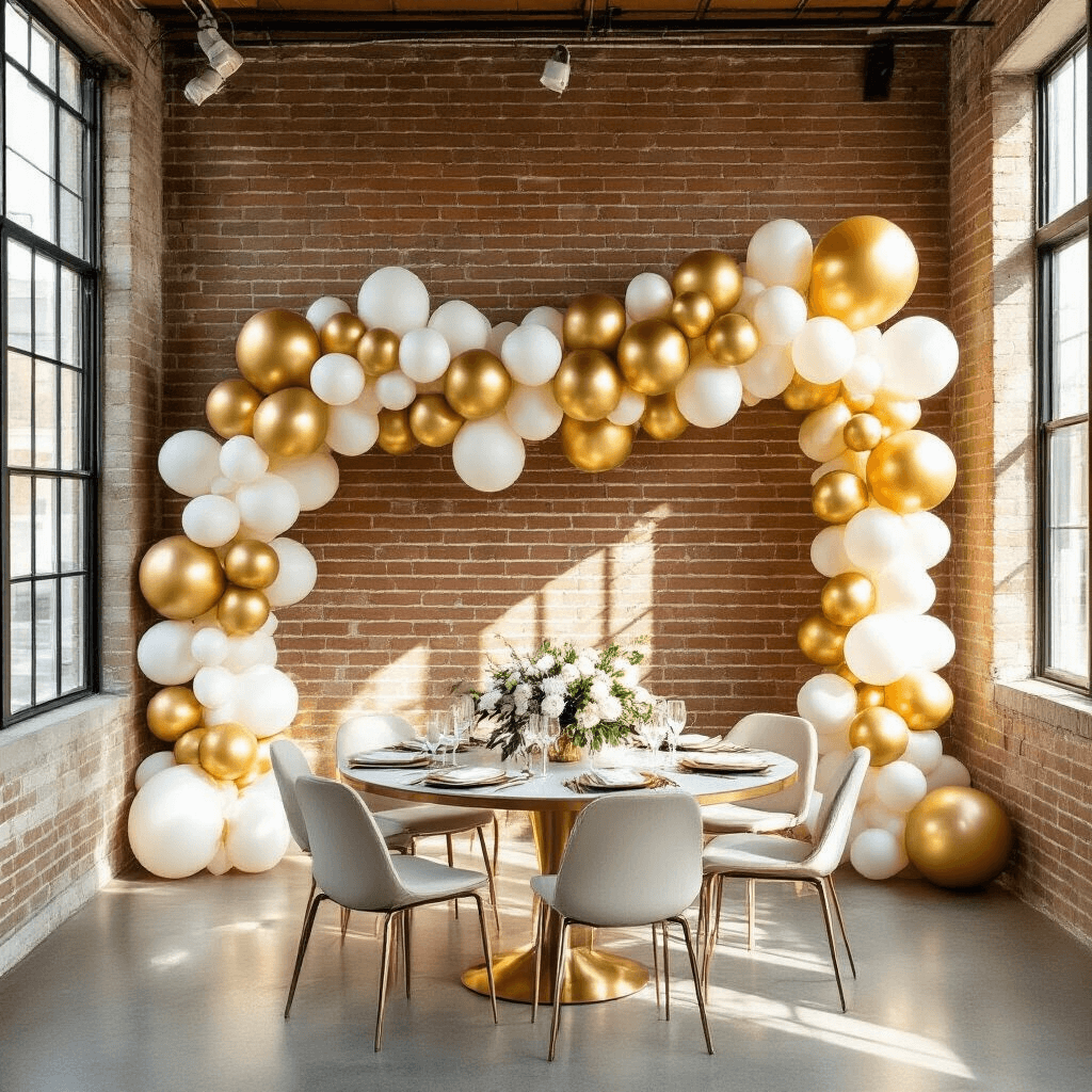 Engagement Party Balloons: The Ultimate Guide to Celebrating Your Love Story A bright, contemporary apartment set for an engagement party, featuring a gold and ivory balloon garland along an exposed brick wall, a modern round dining table with fresh white florals and elegant place settings, sleek geometric decor, and an urban chic atmosphere enhanced by natural light streaming through large windows.