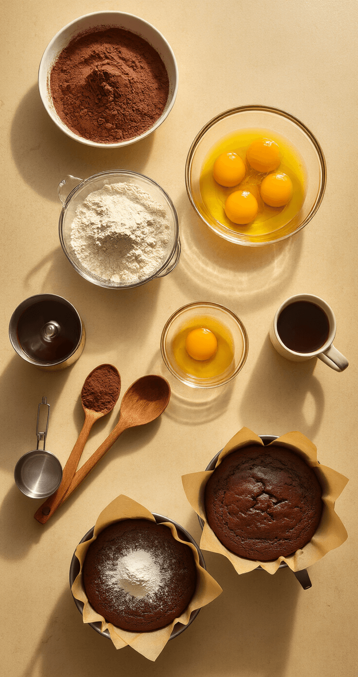 Decadent Chocolate Fudge Layer Cake: The Ultimate Showstopper Dessert Overhead view of a warm, inviting kitchen countertop with bowls of cocoa powder and flour, a glass bowl of whisked eggs, a mug of steaming coffee, a vintage stand mixer, parchment-lined cake pans, and scattered rustic wooden utensils, all bathed in golden light.