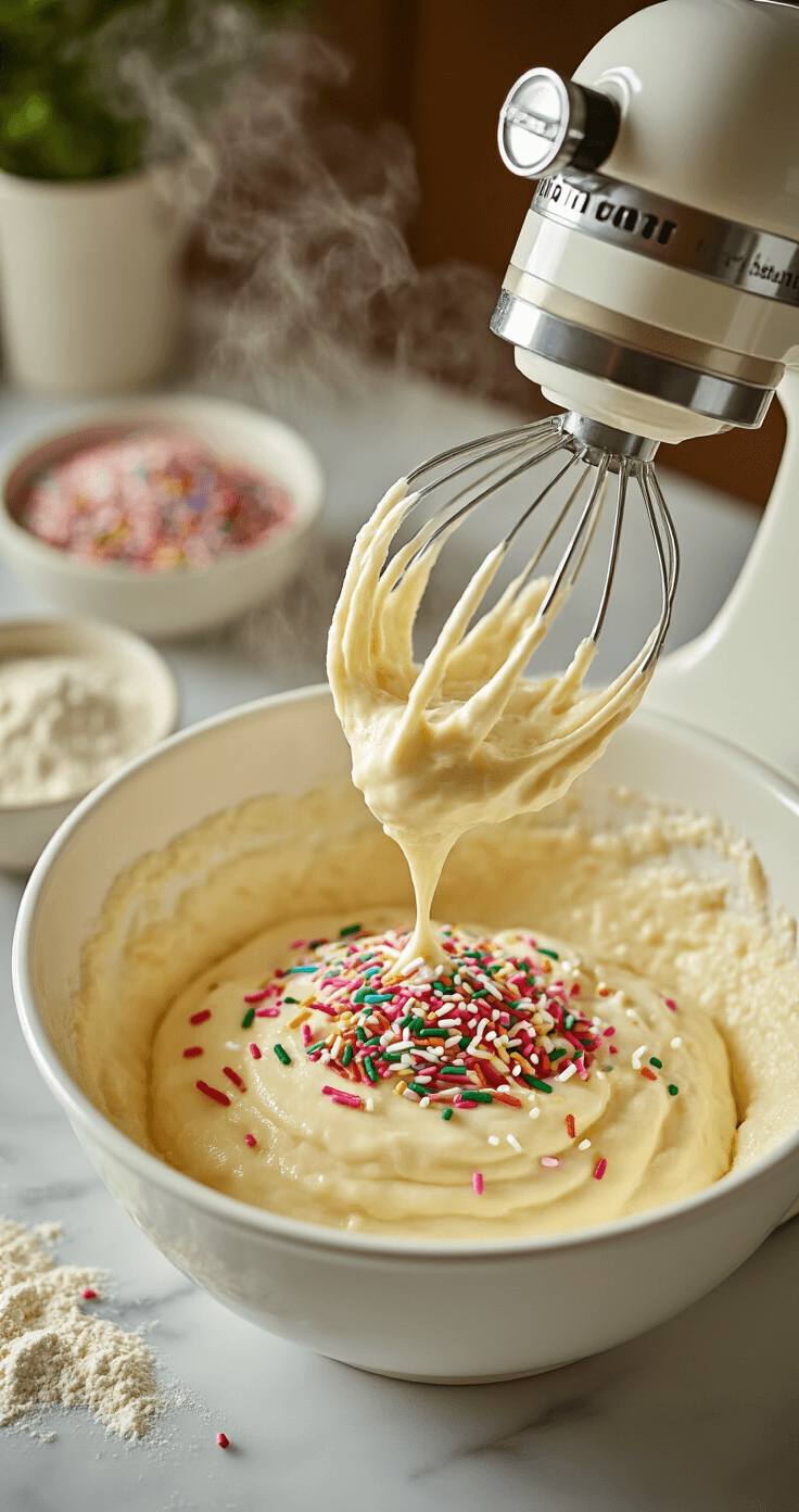 Ultimate Funfetti Celebration Cupcakes: A Party in Every Bite! Cinematic close-up of creamy vanilla batter with rainbow sprinkles in a white mixing bowl, warm kitchen lighting enhancing the colorful sprinkles, flour-dusted marble countertop, and vintage electric mixer blurred in the background.