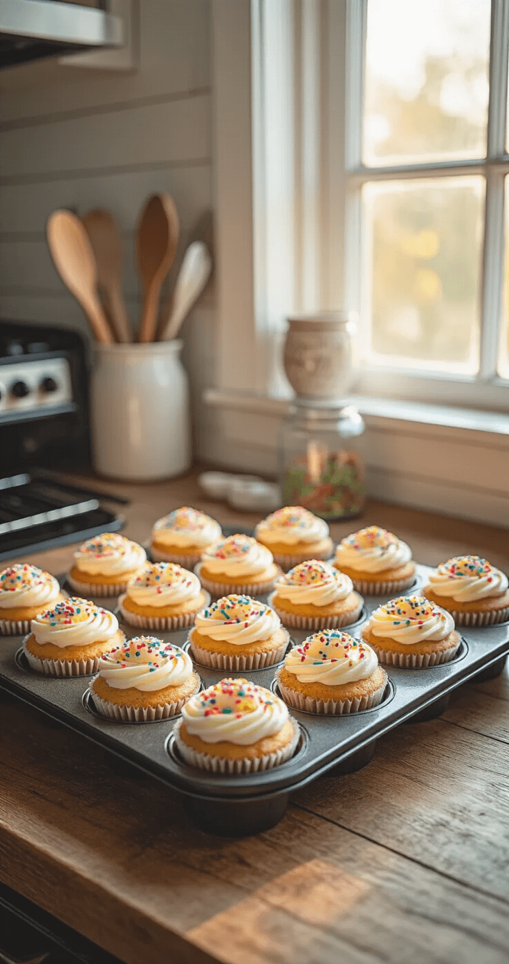 Ultimate Funfetti Celebration Cupcakes: A Party in Every Bite! Golden-hour light highlights perfectly risen funfetti cupcakes in a dark muffin pan, adorned with colorful sprinkles, set against a rustic wooden counter with kitchen tools, evoking a sense of celebration.