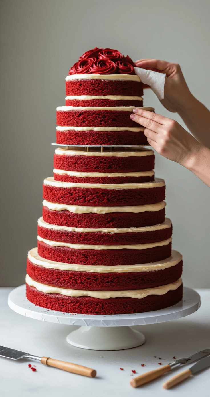 Ultimate Red Velvet Wedding Cake: A Luxurious Culinary Masterpiece A side view of skilled hands assembling red velvet cake layers on a turntable, with cream cheese frosting and dowel rods for support, showcasing the artistry of wedding cake construction.
