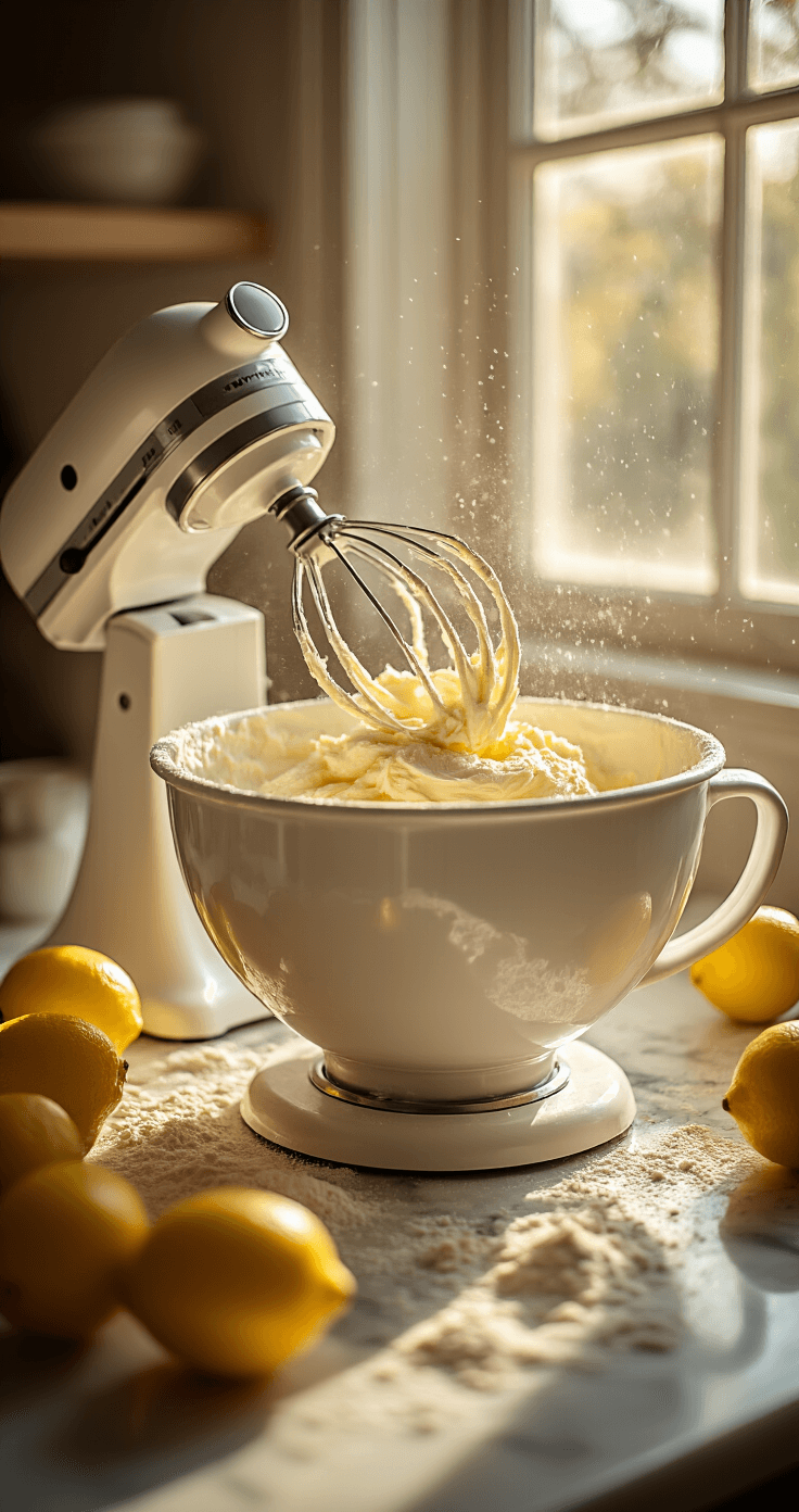 Lemon Elderflower Cake: A Delicate Dance of Citrus and Floral Flavors Cinematic close-up of a stand mixer bowl with creamy butter and sugar being whipped, golden sunlight illuminating the fluffy mixture, flour dust on the marble countertop, fresh lemons nearby, and warm ambient kitchen lighting creating soft shadows.