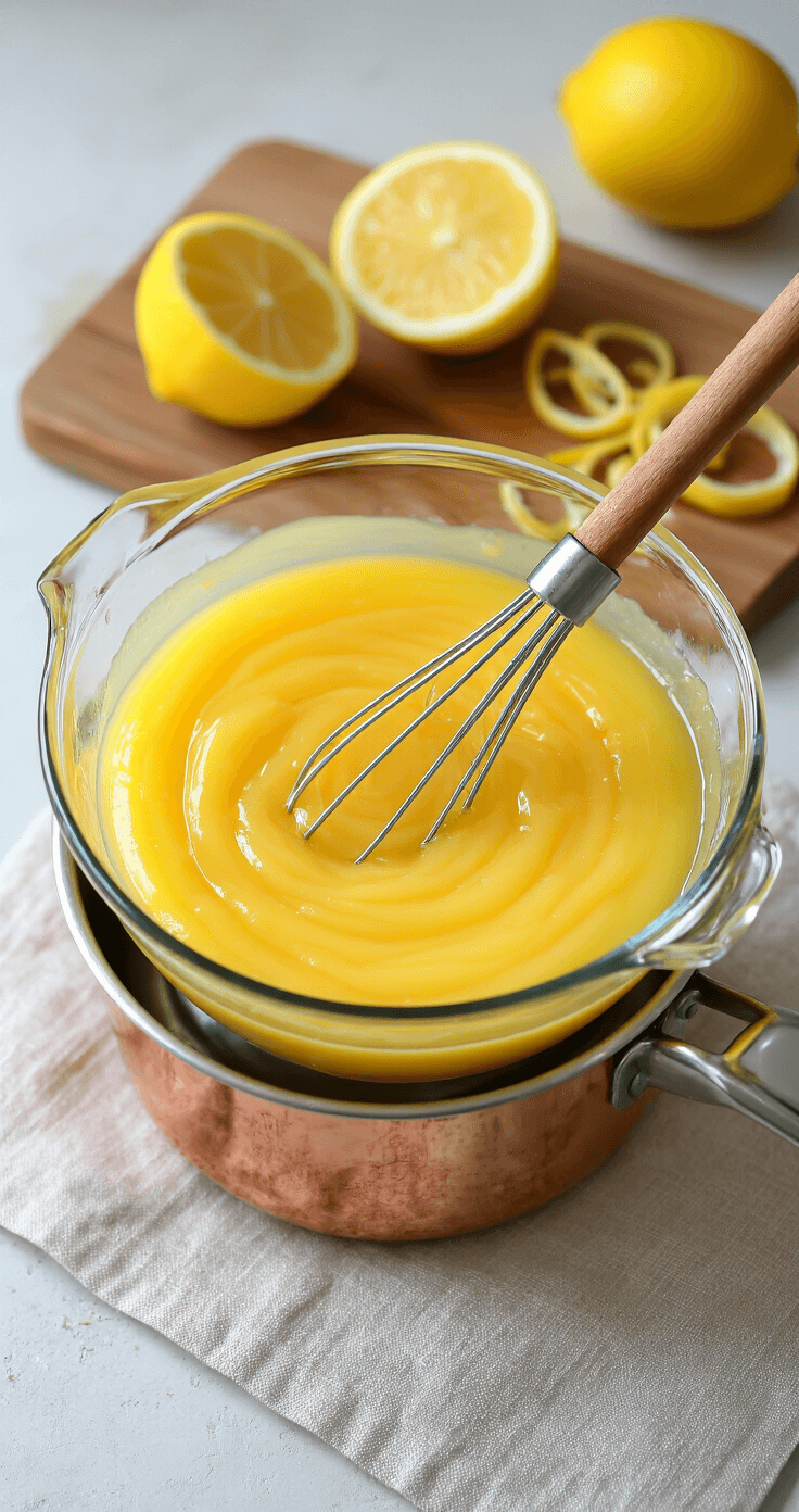 Lemon Elderflower Cake: A Delicate Dance of Citrus and Floral Flavors Intimate overhead shot of glossy golden lemon curd being whisked in a glass bowl over simmering water, with steam rising and a wooden spoon creating silky ribbons, surrounded by fresh lemon halves and zest curls on a weathered cutting board.