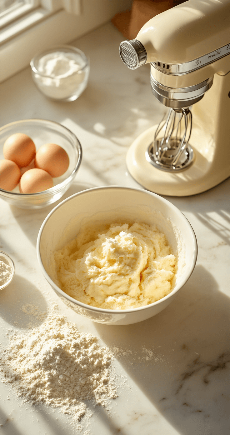 Almond Raspberry Cupcakes: A Decadent Bakery-Style Dessert Cinematic overhead view of a warm, elegant kitchen counter featuring a white mixing bowl with fluffy butter and sugar, scattered cake flour, glistening egg whites in a glass bowl, and a vintage cream-colored mixer, all bathed in golden hour light with soft shadows and floating flour particles.