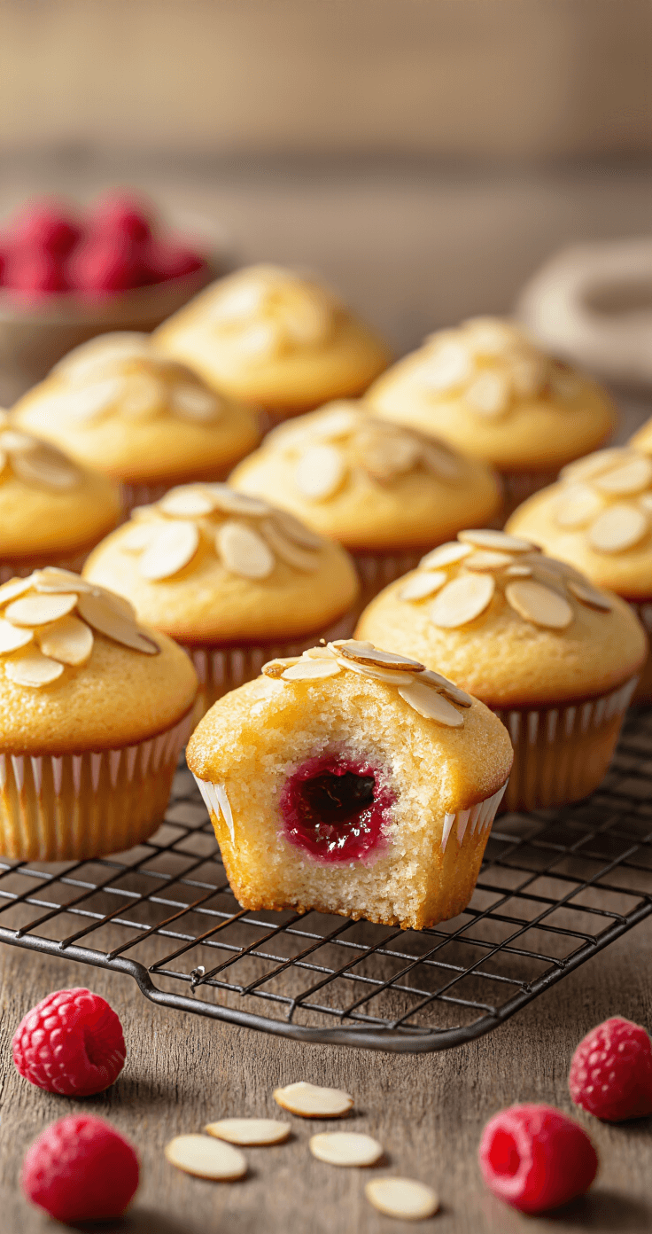 Almond Raspberry Cupcakes: A Decadent Bakery-Style Dessert Artisan cooling rack with golden-brown almond cupcakes, some cored to reveal a soft crumb, filled with vibrant raspberry preserves, set against a warm kitchen backdrop with fresh raspberries and sliced almonds.