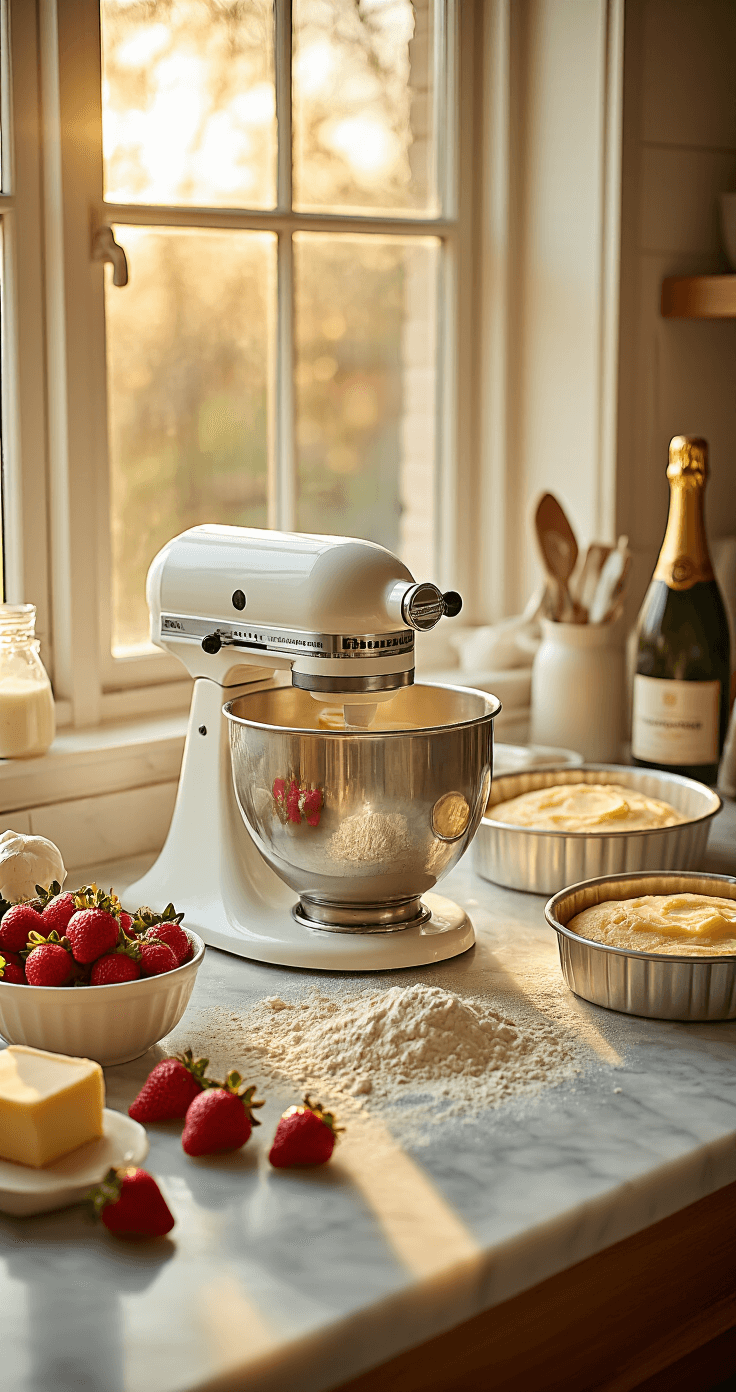 Champagne Strawberry Cake: An Elegant Celebration Dessert A warm, golden hour kitchen scene featuring a stand mixer with a creamy butter and sugar mixture, flour dust scattered on a marble countertop, fresh strawberries, a champagne bottle, and parchment-lined cake pans, all arranged in an inviting baking setup.