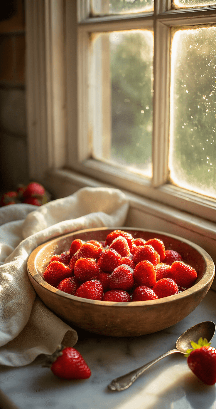 Strawberry Shortcake Layer Cake: The Ultimate Summer Dessert Golden hour sunlight illuminates vibrant red strawberries coated in sugar crystals within a rustic wooden bowl, with droplets of lemon juice sparkling and a glossy syrup forming. A vintage linen towel and an antique spoon enhance the warm, inviting farm kitchen aesthetic against the backdrop of a marble countertop.
