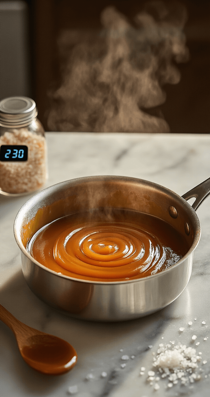 Salted Caramel Drip Cake: The Ultimate Decadent Dessert Experience Close-up of bubbling amber caramel in a heavy-bottomed saucepan, with steam rising, warm kitchen lighting, a wooden spoon nearby, Maldon sea salt crystals on a marble countertop, and a digital thermometer reading 230°F.
