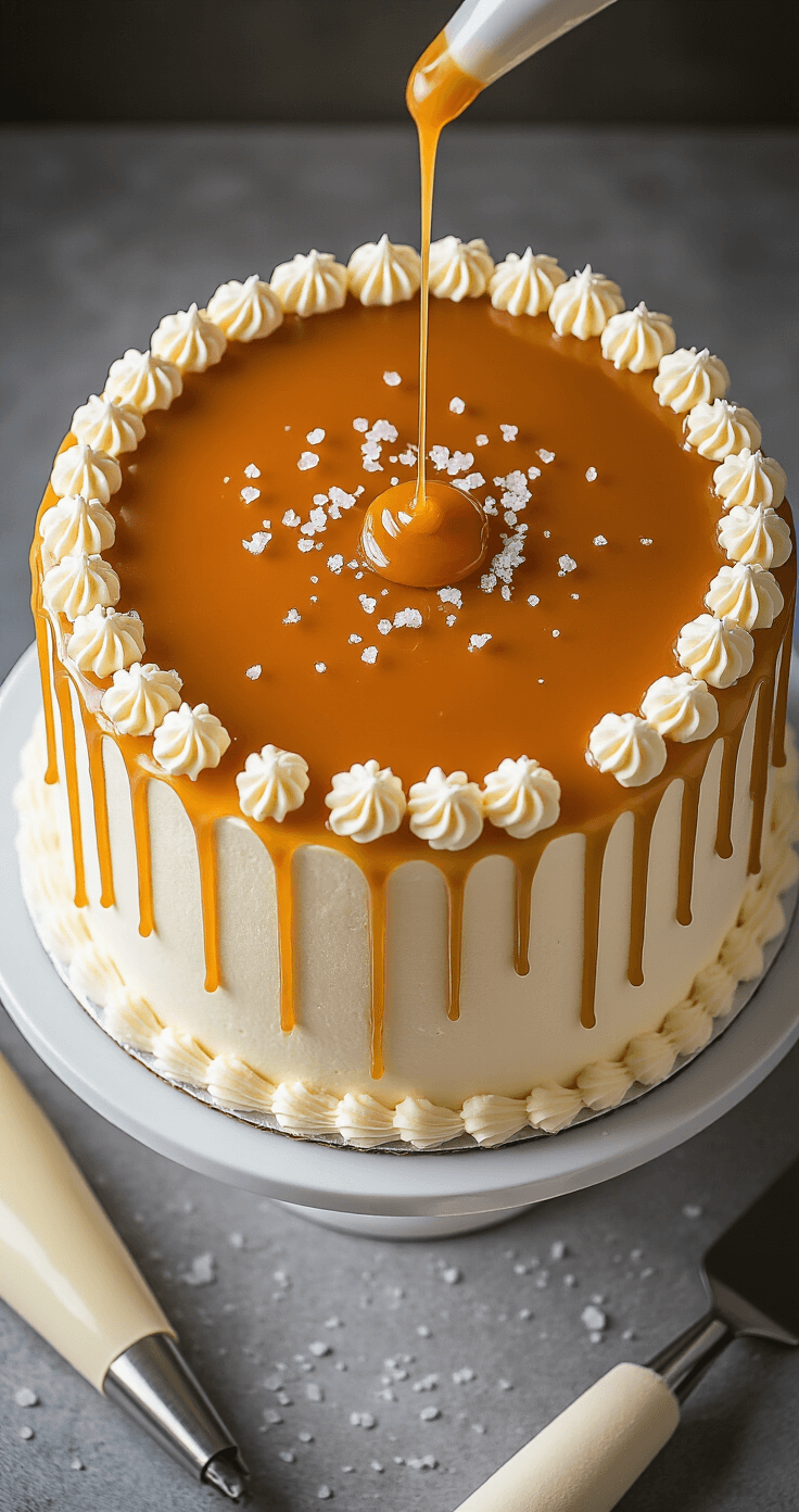 Salted Caramel Drip Cake: The Ultimate Decadent Dessert Experience Overhead view of a pristine white buttercream cake on an elegant stand, drizzled with golden caramel sauce and topped with sea salt flakes, with a piping bag and spatula nearby, captured in soft studio lighting.