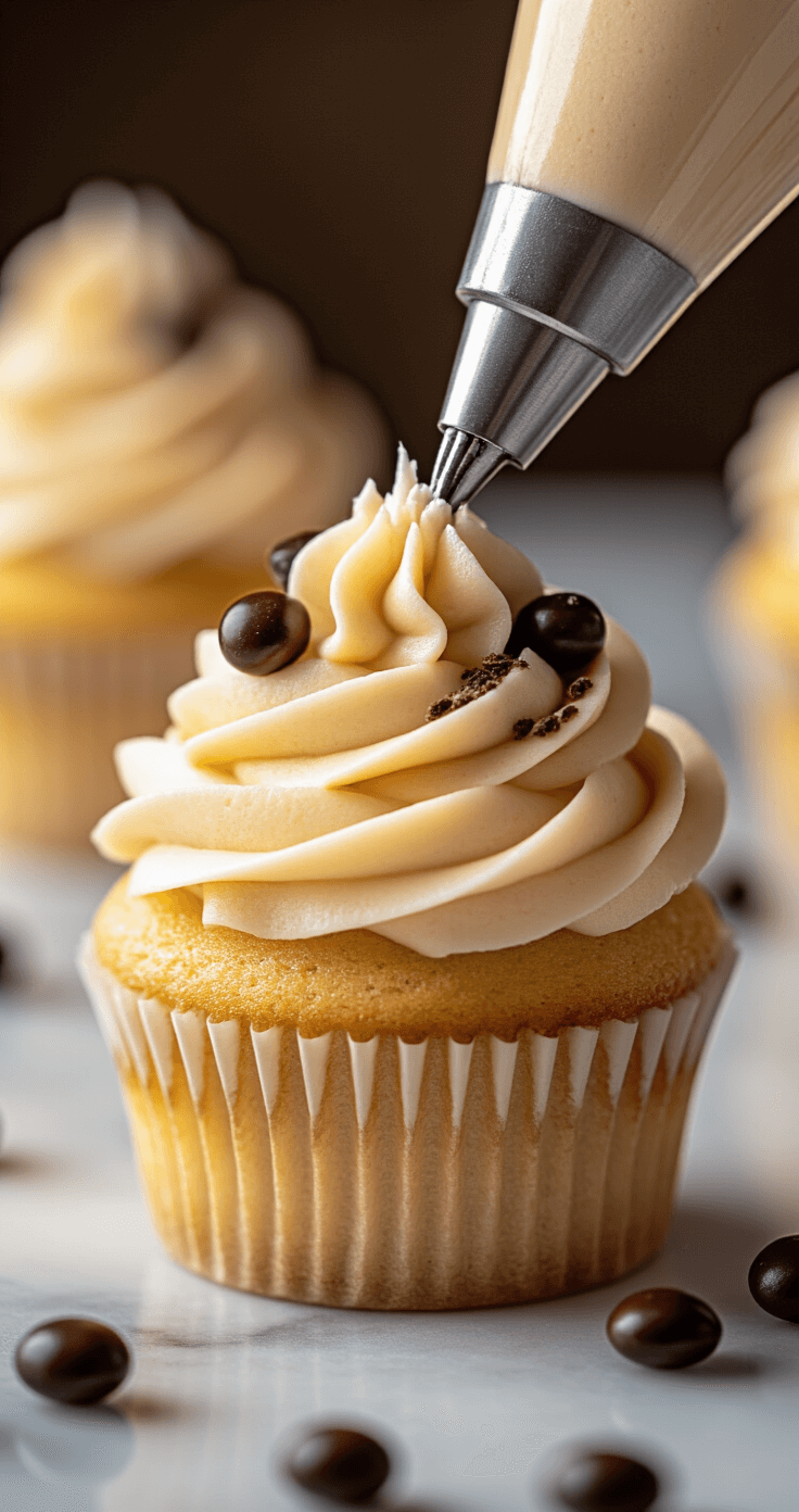 Decadent Mocha Espresso Cupcakes: A Coffee Lover's Dream Dessert Close-up of fluffy pale buttercream being piped onto a golden cupcake with elegant swirls, garnished with glistening chocolate-covered espresso beans, set against a marble countertop with a vintage piping bag.