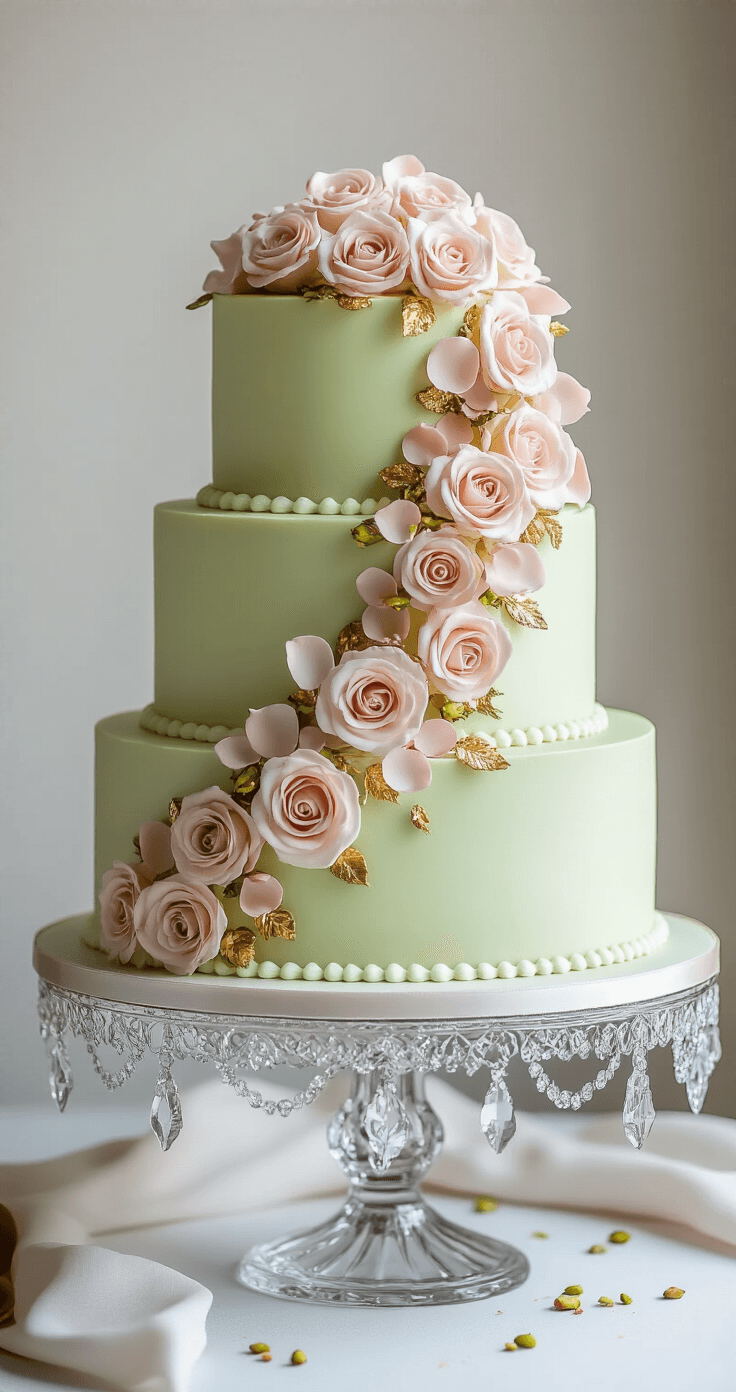 Pistachio Rose Wedding Cake: An Elegant Celebration Masterpiece Luxurious three-tier pistachio rose wedding cake with silky buttercream swirls, crystallized rose petals, gold leaf accents, and scattered pistachio crumbs on an ornate crystal stand in a professional bakery setting.