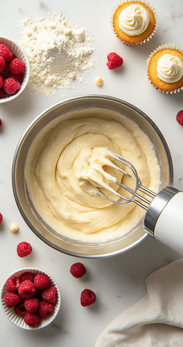 White Chocolate Raspberry Cupcakes: A Decadent Delight Cinematic overhead view of creamy batter being mixed in a steel bowl, with fresh raspberries and white chocolate chips on a marble countertop, warm kitchen lighting, flour dusting, and a vintage hand mixer.