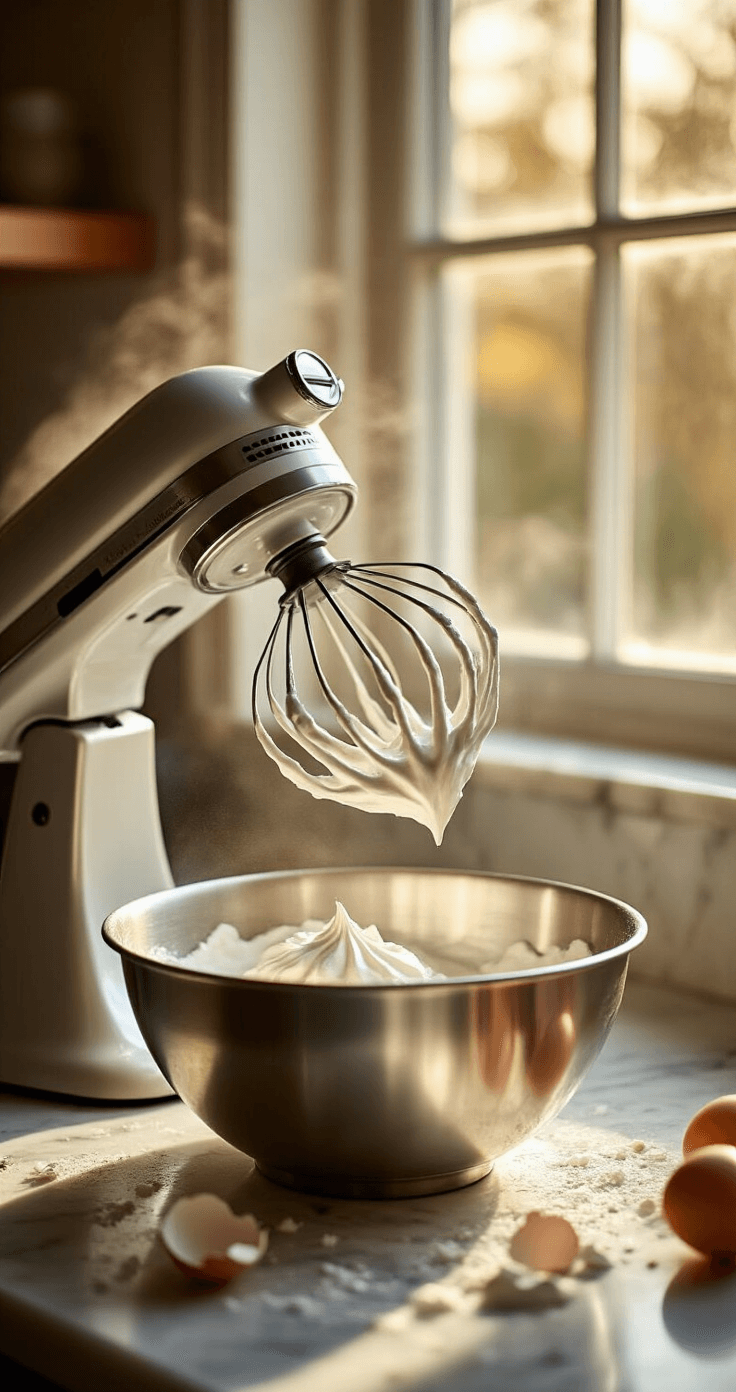 Mini Pavlovas with Passionfruit: A Stunning Dessert Masterpiece Cinematic close-up of glossy white meringue peaks being whipped in a stainless steel bowl, with golden light illuminating scattered eggshells and sugar crystals on a marble countertop in a warm, professional kitchen setting.
