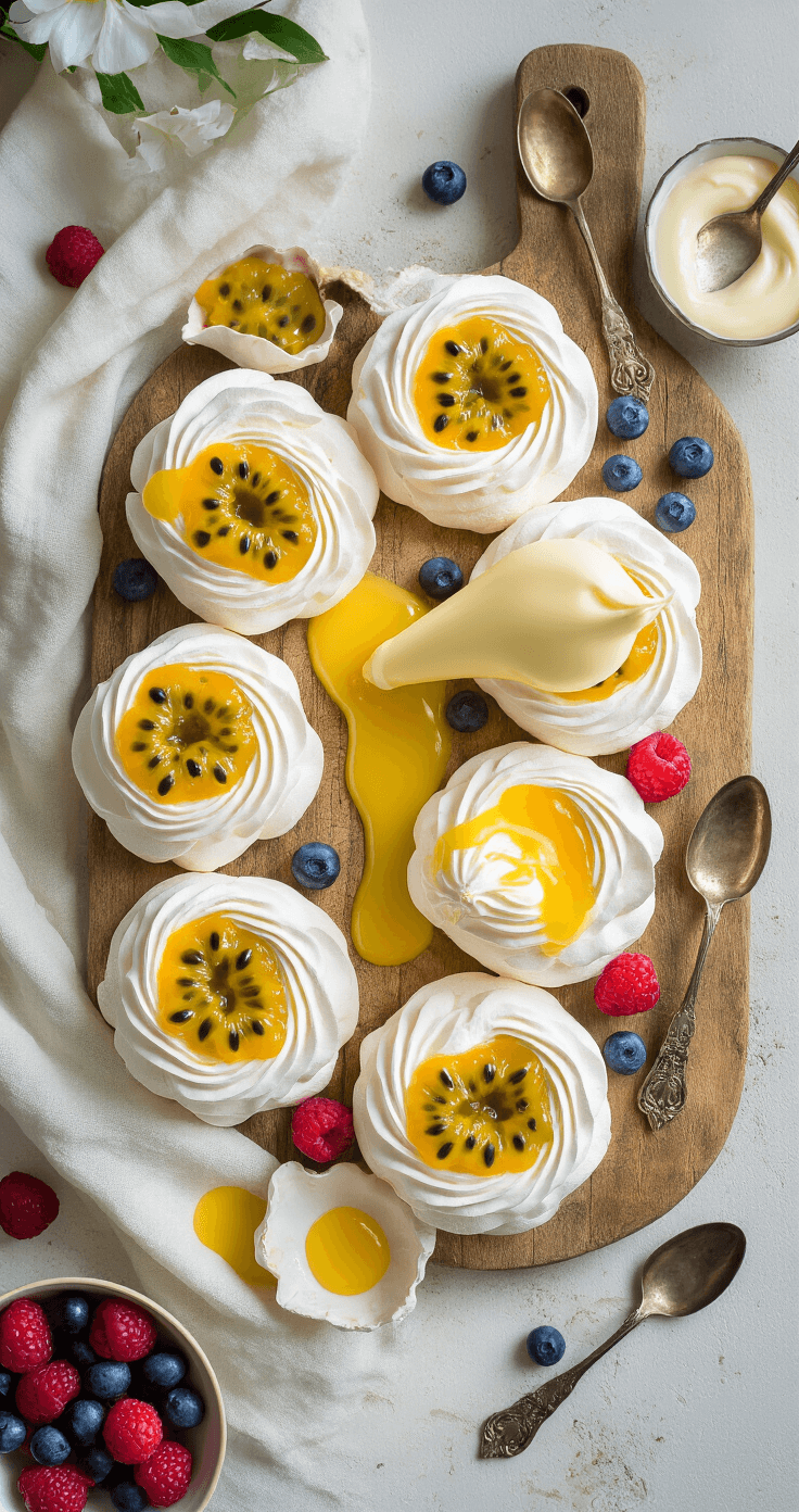 Mini Pavlovas with Passionfruit: A Stunning Dessert Masterpiece Elegant overhead view of delicate mini pavlova shells on a rustic wooden board, featuring piped cream, vibrant passionfruit pulp drizzling over meringue, scattered fresh berries, vintage spoons, and soft natural lighting.