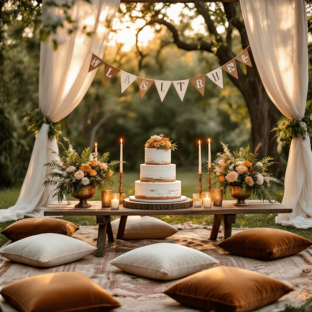 Wild One Birthday Party: The Ultimate Jungle Celebration Guide An intimate backyard celebration at golden hour featuring a low picnic setup with velvet cushions in earthy tones and white. A close-up reveals a three-tier jungle cake on rustic wood stands, surrounded by flickering candles in glass holders and cascading tropical florals from vintage brass vessels, with personalized safari banners against sheer ivory drapery, all illuminated by warm sunlight filtering through trees.