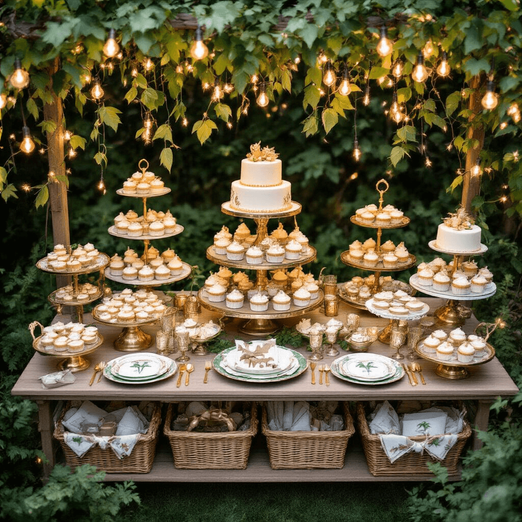 Wild One Birthday Party: The Ultimate Jungle Celebration Guide Overhead view of a whimsical garden party featuring a decorated dessert cart and tiered cake displays, surrounded by lush greenery, metallic gold accents on ceramic plates and glassware, twinkling fairy lights, and safari-themed place settings, all illuminated by the soft glow of dusk.