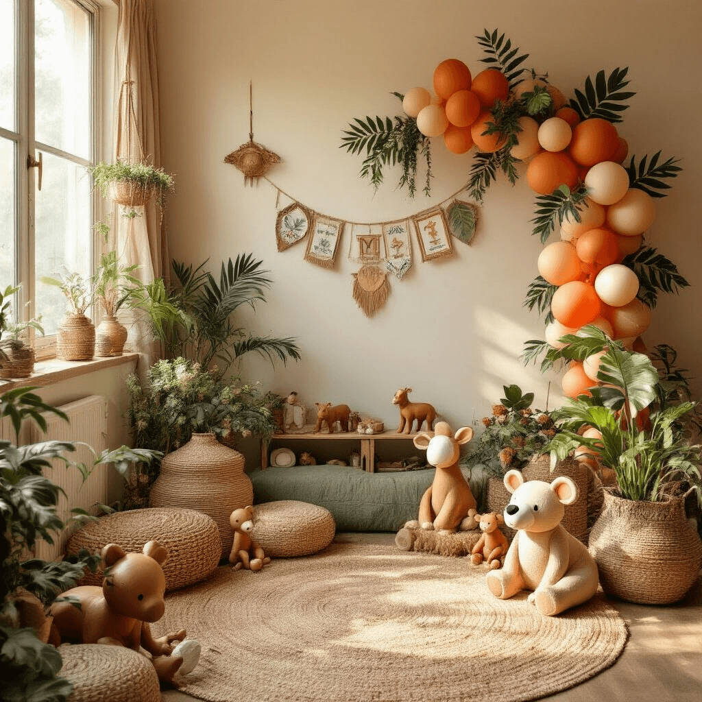 Wild One Birthday Party: The Ultimate Jungle Celebration Guide Cozy modern apartment corner with DIY jungle-themed decor featuring a photo booth with safari props, colorful balloon clusters, and warm morning light illuminating terracotta and sage textiles, wooden animal figurines, fresh plants, vintage brass accents, and personalized milestone banners.